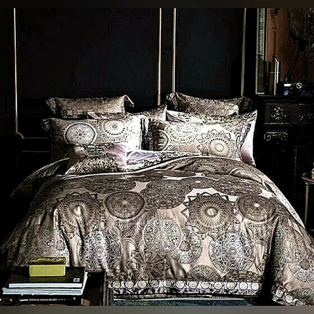 10pc Queen Size Luxury Jacquard  Egyptian Cotton Champagne Grey Duvet Cover Set